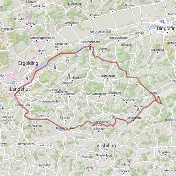 Map miniature of "Niederbayern Adventure: Landshut-Geisenhausen Loop" cycling inspiration in Niederbayern, Germany. Generated by Tarmacs.app cycling route planner