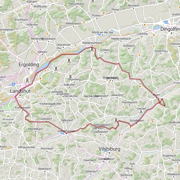 Karten-Miniaturansicht der Radinspiration "Hohe Bürg - Burg Trausnitz - Annaberg Rundtour" in Niederbayern, Germany. Erstellt vom Tarmacs.app-Routenplaner für Radtouren