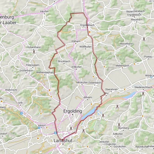 Map miniature of "Gravel Route through Ergoldsbach" cycling inspiration in Niederbayern, Germany. Generated by Tarmacs.app cycling route planner