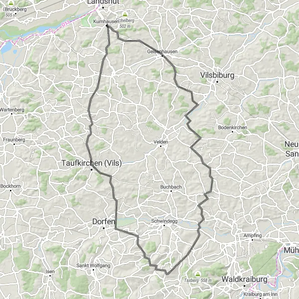 Karten-Miniaturansicht der Radinspiration "Rundweg um Landshut über Geisenhausen und Rattenkirchen" in Niederbayern, Germany. Erstellt vom Tarmacs.app-Routenplaner für Radtouren