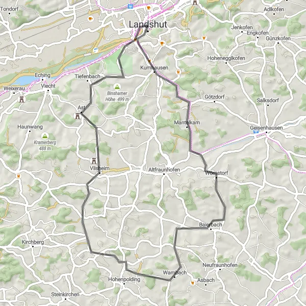 Karten-Miniaturansicht der Radinspiration "Rundfahrt durch Landshut und Umgebung" in Niederbayern, Germany. Erstellt vom Tarmacs.app-Routenplaner für Radtouren