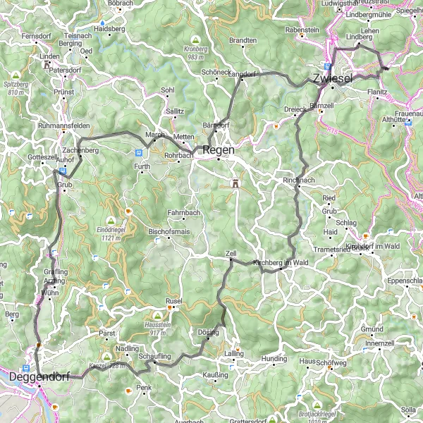 Map miniature of "Zwiesel Road Loop" cycling inspiration in Niederbayern, Germany. Generated by Tarmacs.app cycling route planner