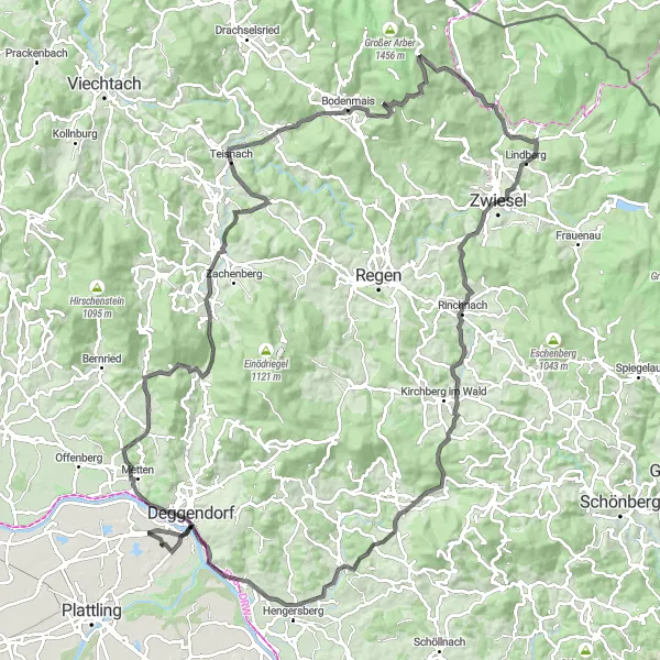 Karten-Miniaturansicht der Radinspiration "Bayerischer Wald Rundtour" in Niederbayern, Germany. Erstellt vom Tarmacs.app-Routenplaner für Radtouren