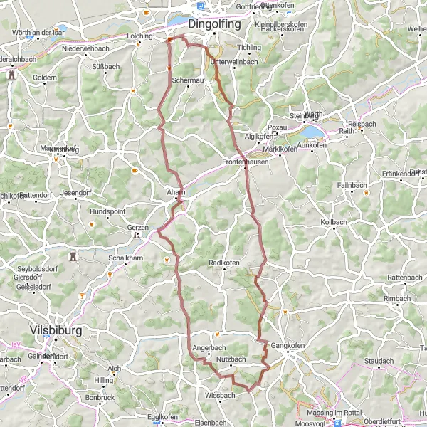 Map miniature of "The Frontenhausen Adventure" cycling inspiration in Niederbayern, Germany. Generated by Tarmacs.app cycling route planner