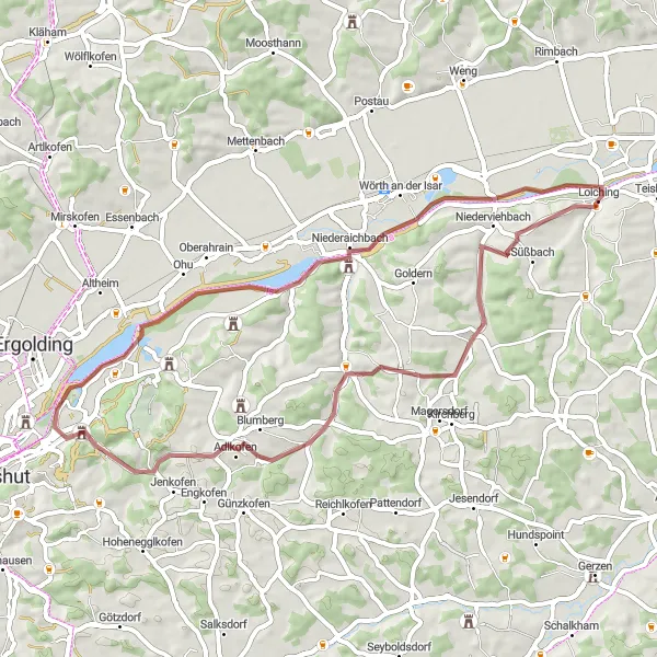 Map miniature of "Loiching Oberaichbach Route" cycling inspiration in Niederbayern, Germany. Generated by Tarmacs.app cycling route planner