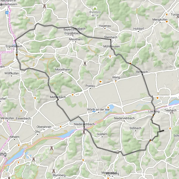 Map miniature of "Loiching Ergoldsbach Route" cycling inspiration in Niederbayern, Germany. Generated by Tarmacs.app cycling route planner