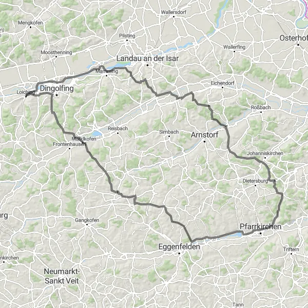 Map miniature of "Loiching Gottfrieding Route" cycling inspiration in Niederbayern, Germany. Generated by Tarmacs.app cycling route planner