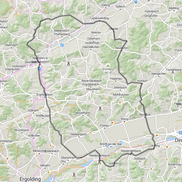 Map miniature of "Loiching Niederaichbach Route" cycling inspiration in Niederbayern, Germany. Generated by Tarmacs.app cycling route planner