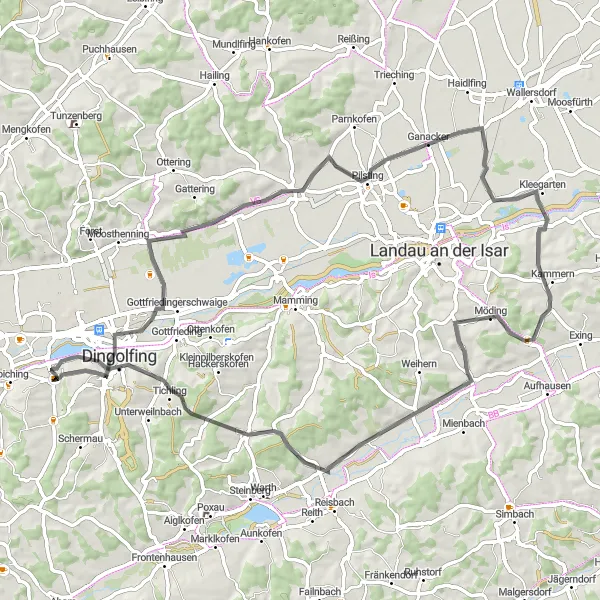 Map miniature of "Dingolfing Loop" cycling inspiration in Niederbayern, Germany. Generated by Tarmacs.app cycling route planner
