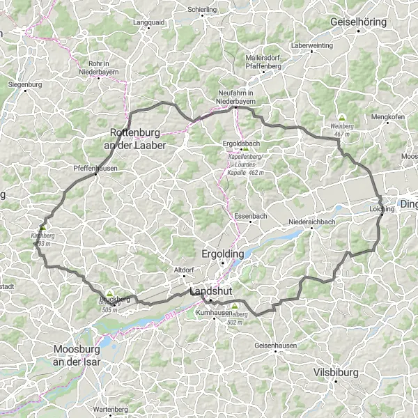 Map miniature of "Loiching Grand Tour" cycling inspiration in Niederbayern, Germany. Generated by Tarmacs.app cycling route planner