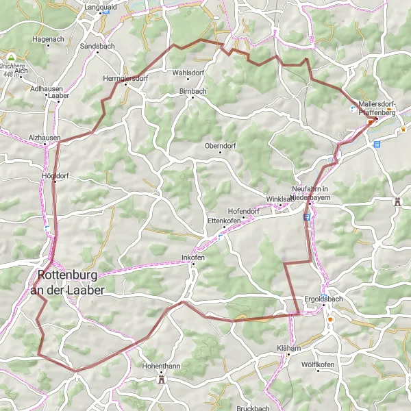 Karten-Miniaturansicht der Radinspiration "Gravel-Tour um Mallersdorf-Pfaffenberg" in Niederbayern, Germany. Erstellt vom Tarmacs.app-Routenplaner für Radtouren