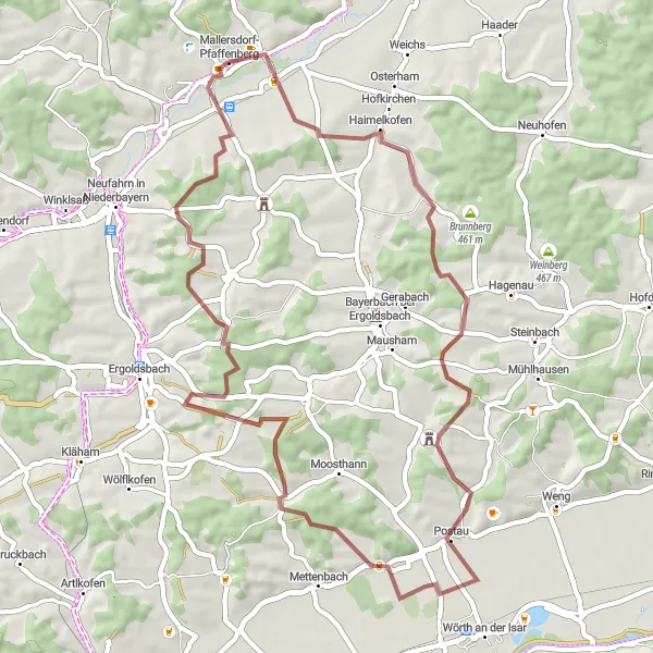 Map miniature of "Ginhart and Paindlkofen Gravel Adventure" cycling inspiration in Niederbayern, Germany. Generated by Tarmacs.app cycling route planner