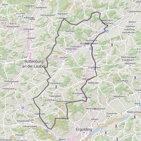 Karten-Miniaturansicht der Radinspiration "Rund um Mallersdorf-Pfaffenberg" in Niederbayern, Germany. Erstellt vom Tarmacs.app-Routenplaner für Radtouren