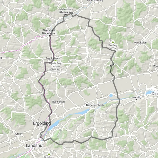 Map miniature of "Mallersdorf-Pfaffenberg Epic Road Ride" cycling inspiration in Niederbayern, Germany. Generated by Tarmacs.app cycling route planner