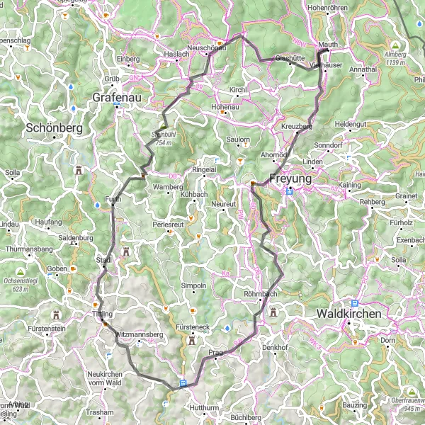 Karten-Miniaturansicht der Radinspiration "Schloss Wolfstein und Neuschönau Route" in Niederbayern, Germany. Erstellt vom Tarmacs.app-Routenplaner für Radtouren