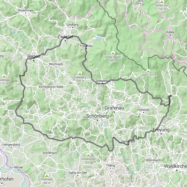 Karten-Miniaturansicht der Radinspiration "Höhenrausch Mauth - Ausblick Zwiesel" in Niederbayern, Germany. Erstellt vom Tarmacs.app-Routenplaner für Radtouren