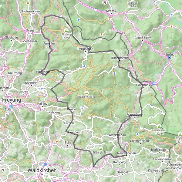 Karten-Miniaturansicht der Radinspiration "Rundtour Neufanger Berg-Almberg-Haidmühle-Stubenberg" in Niederbayern, Germany. Erstellt vom Tarmacs.app-Routenplaner für Radtouren