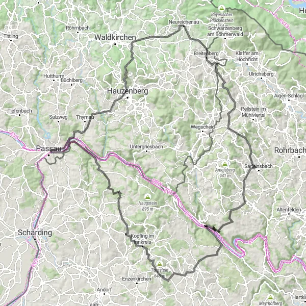 Karten-Miniaturansicht der Radinspiration "Rundtour Neureichenau-Hauzenberg-Natternbach-Neureichenau" in Niederbayern, Germany. Erstellt vom Tarmacs.app-Routenplaner für Radtouren