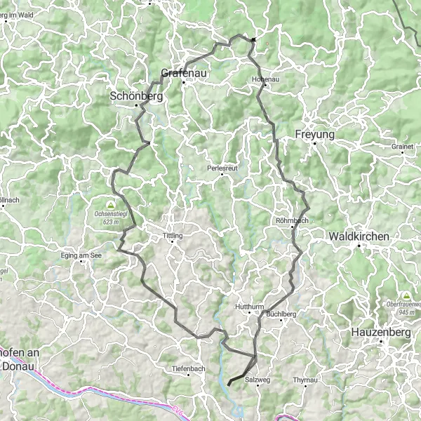 Map miniature of "The Breathtaking Bavarian Hillside" cycling inspiration in Niederbayern, Germany. Generated by Tarmacs.app cycling route planner