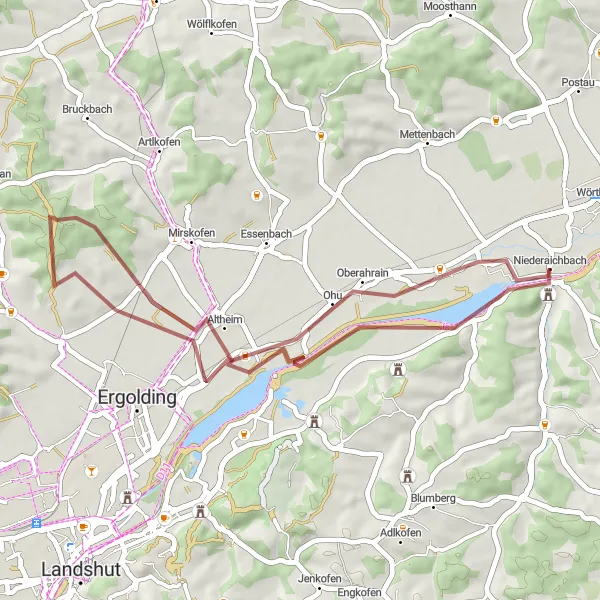 Karten-Miniaturansicht der Radinspiration "Gravelrunde um Niederaichbach" in Niederbayern, Germany. Erstellt vom Tarmacs.app-Routenplaner für Radtouren