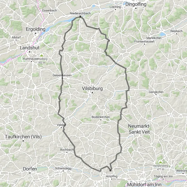 Karten-Miniaturansicht der Radinspiration "Rundkurs Niederaichbach - Zangberg" in Niederbayern, Germany. Erstellt vom Tarmacs.app-Routenplaner für Radtouren