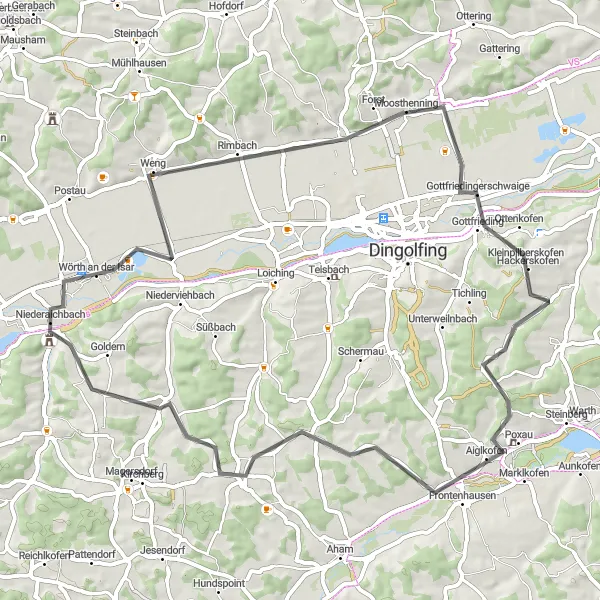 Karten-Miniaturansicht der Radinspiration "Rundtour durch Weng und Oberspechtrain" in Niederbayern, Germany. Erstellt vom Tarmacs.app-Routenplaner für Radtouren