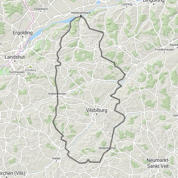 Karten-Miniaturansicht der Radinspiration "Niederaichbach-Runde mit Aussicht" in Niederbayern, Germany. Erstellt vom Tarmacs.app-Routenplaner für Radtouren