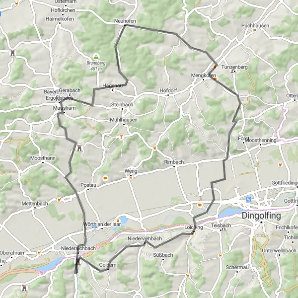 Karten-Miniaturansicht der Radinspiration "Hügelige Straßen um Niederaichbach" in Niederbayern, Germany. Erstellt vom Tarmacs.app-Routenplaner für Radtouren