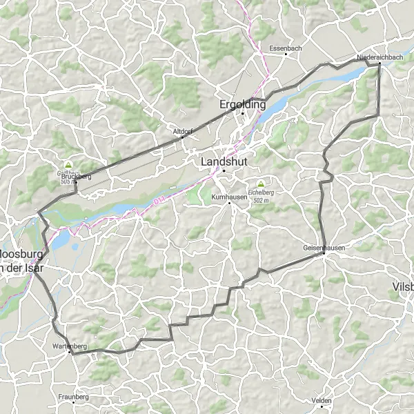 Karten-Miniaturansicht der Radinspiration "Geisenhausen und Riederberg Rundfahrt" in Niederbayern, Germany. Erstellt vom Tarmacs.app-Routenplaner für Radtouren