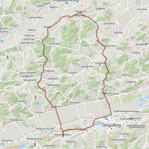 Map miniature of "Scenic Gravel Ride from Niederviehbach" cycling inspiration in Niederbayern, Germany. Generated by Tarmacs.app cycling route planner