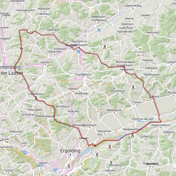 Map miniature of "Challenging Gravel Loop with Hilltop Views" cycling inspiration in Niederbayern, Germany. Generated by Tarmacs.app cycling route planner