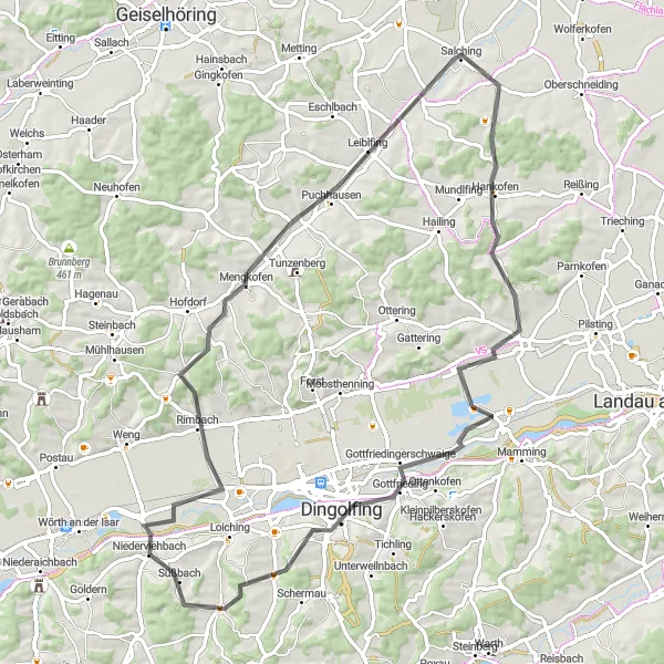 Map miniature of "Road Ride to Mengkofen" cycling inspiration in Niederbayern, Germany. Generated by Tarmacs.app cycling route planner