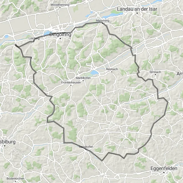Map miniature of "Discover the Charms of Dingolfing" cycling inspiration in Niederbayern, Germany. Generated by Tarmacs.app cycling route planner