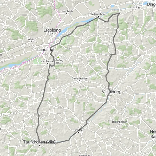 Map miniature of "Venture through Vilsbiburg and Beyond" cycling inspiration in Niederbayern, Germany. Generated by Tarmacs.app cycling route planner