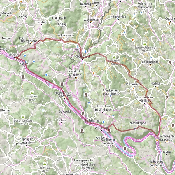 Map miniature of "Untergriesbach and Donaublick Gravel Route" cycling inspiration in Niederbayern, Germany. Generated by Tarmacs.app cycling route planner
