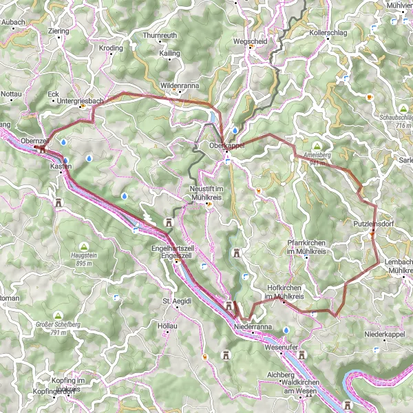 Map miniature of "Mühlkreis gravel adventure" cycling inspiration in Niederbayern, Germany. Generated by Tarmacs.app cycling route planner