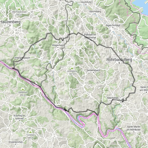 Karten-Miniaturansicht der Radinspiration "Hügeliges Abenteuer von Untergriesbach nach Engelhartszell" in Niederbayern, Germany. Erstellt vom Tarmacs.app-Routenplaner für Radtouren