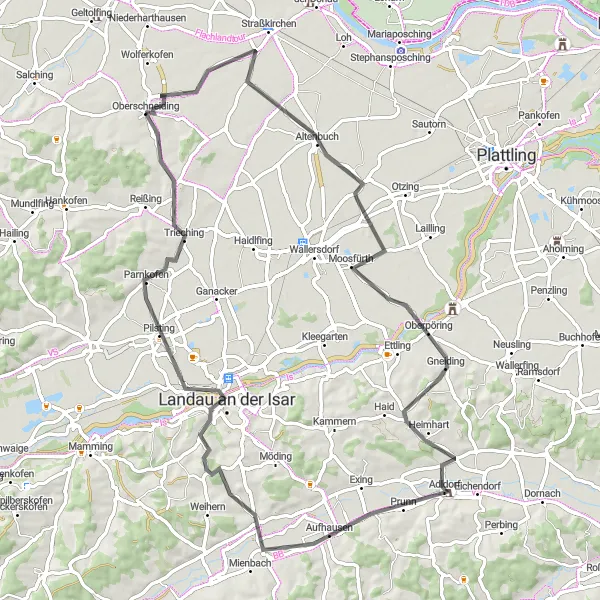 Map miniature of "Scenic Countryside Escape" cycling inspiration in Niederbayern, Germany. Generated by Tarmacs.app cycling route planner