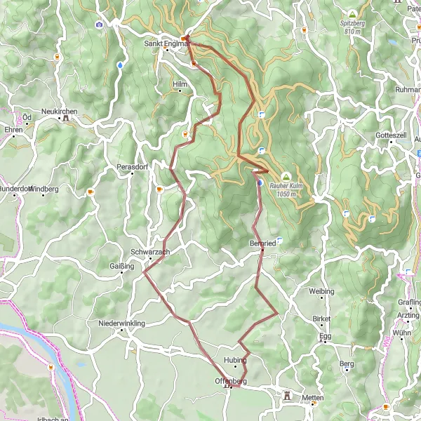 Map miniature of "Gravel Route: Offenberg Adventure" cycling inspiration in Niederbayern, Germany. Generated by Tarmacs.app cycling route planner