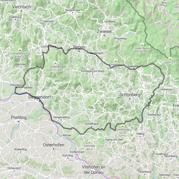 Map miniature of "Road Route: Panoramic Bavarian Adventure" cycling inspiration in Niederbayern, Germany. Generated by Tarmacs.app cycling route planner