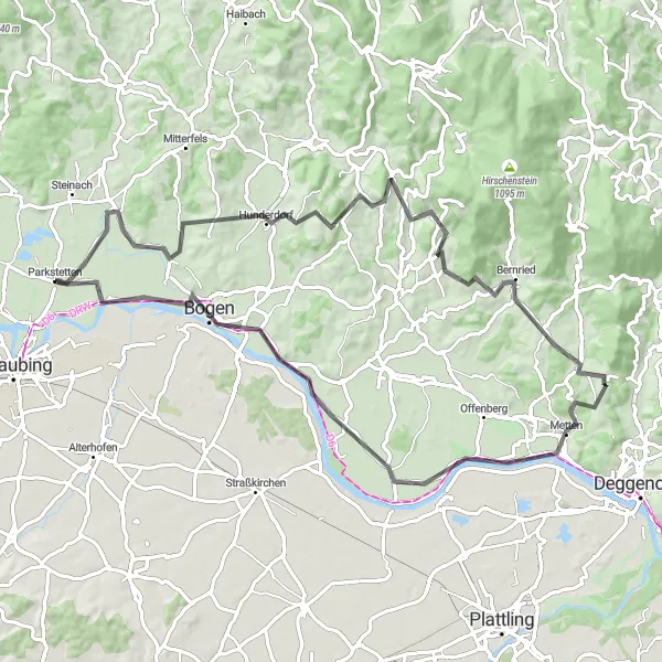 Map miniature of "Parkstetten Epic Loop" cycling inspiration in Niederbayern, Germany. Generated by Tarmacs.app cycling route planner