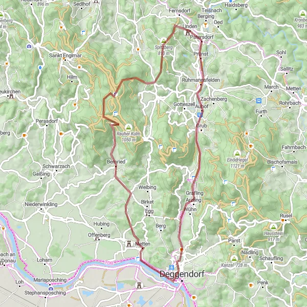 Map miniature of "Ruhmannsfelden Gravel Loop" cycling inspiration in Niederbayern, Germany. Generated by Tarmacs.app cycling route planner