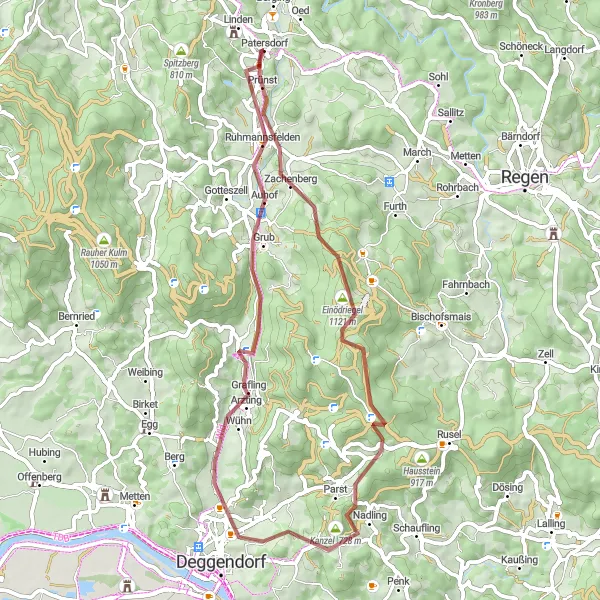 Map miniature of "Zachenberg Gravel Adventure" cycling inspiration in Niederbayern, Germany. Generated by Tarmacs.app cycling route planner