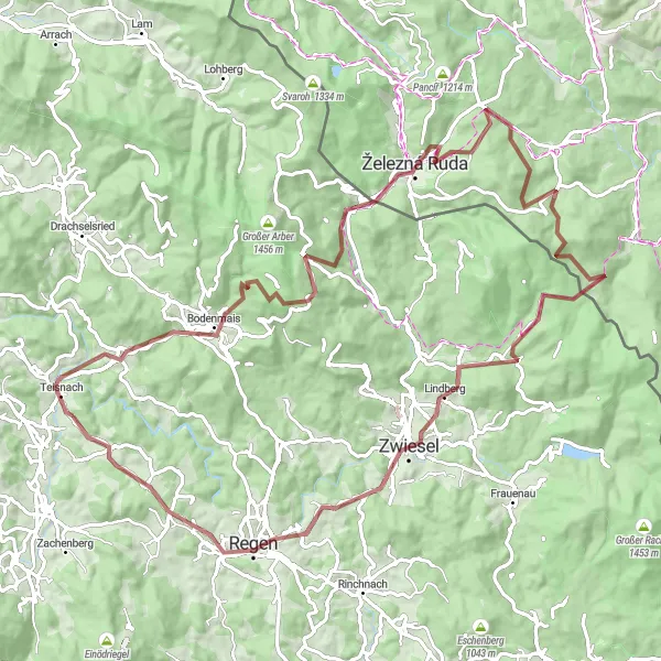 Map miniature of "Thrilling Gravel Cycling Route through Patersdorf's Enchanting Nature" cycling inspiration in Niederbayern, Germany. Generated by Tarmacs.app cycling route planner