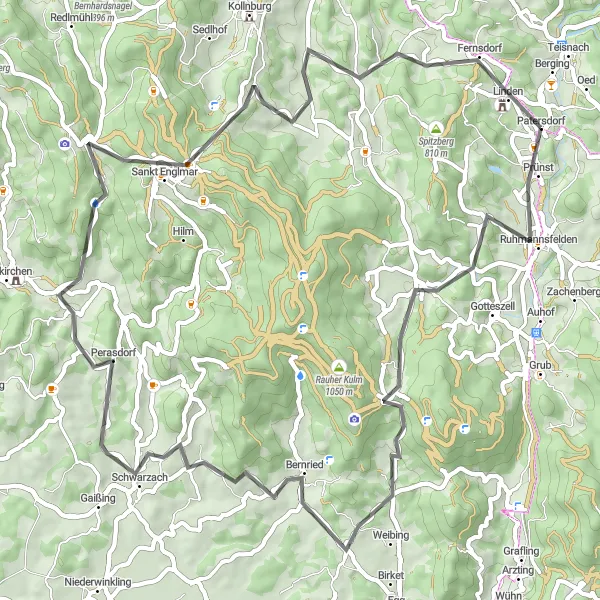 Map miniature of "Achslach Road Adventure" cycling inspiration in Niederbayern, Germany. Generated by Tarmacs.app cycling route planner