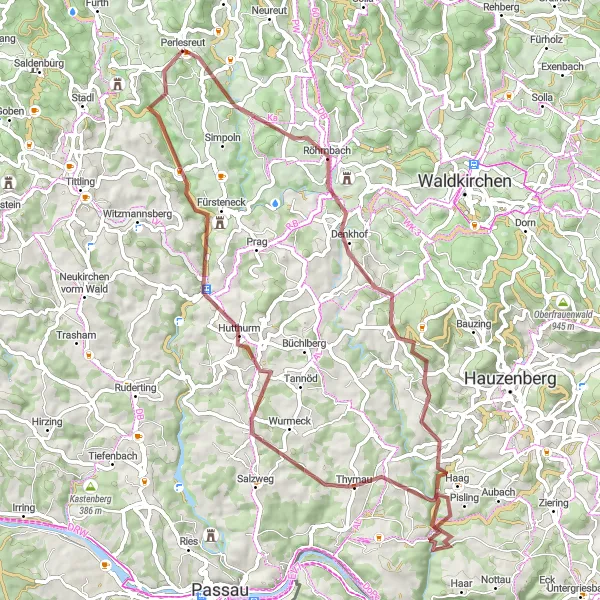 Map miniature of "Perlesreut Gravel Adventure" cycling inspiration in Niederbayern, Germany. Generated by Tarmacs.app cycling route planner