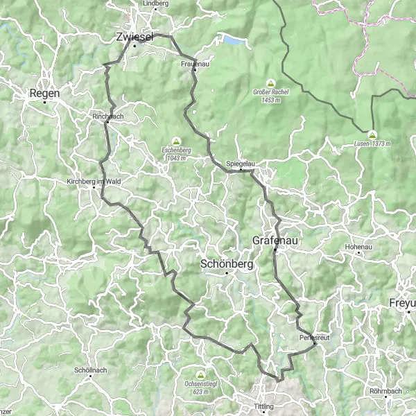 Map miniature of "Road Cycling Adventure: Hauzenberg to Lindberg" cycling inspiration in Niederbayern, Germany. Generated by Tarmacs.app cycling route planner