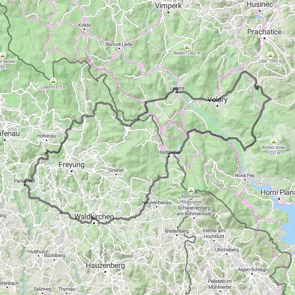 Map miniature of "The Bavarian Forest Loop" cycling inspiration in Niederbayern, Germany. Generated by Tarmacs.app cycling route planner