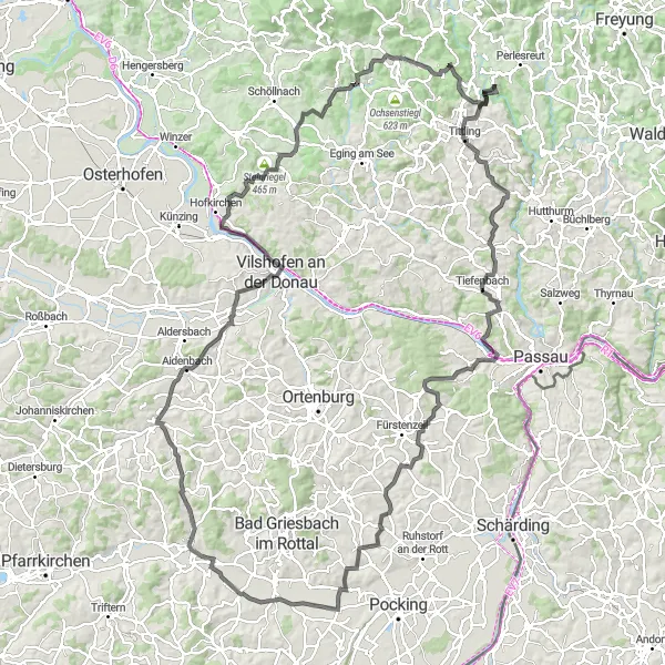 Map miniature of "The Rottal Valley Expedition" cycling inspiration in Niederbayern, Germany. Generated by Tarmacs.app cycling route planner