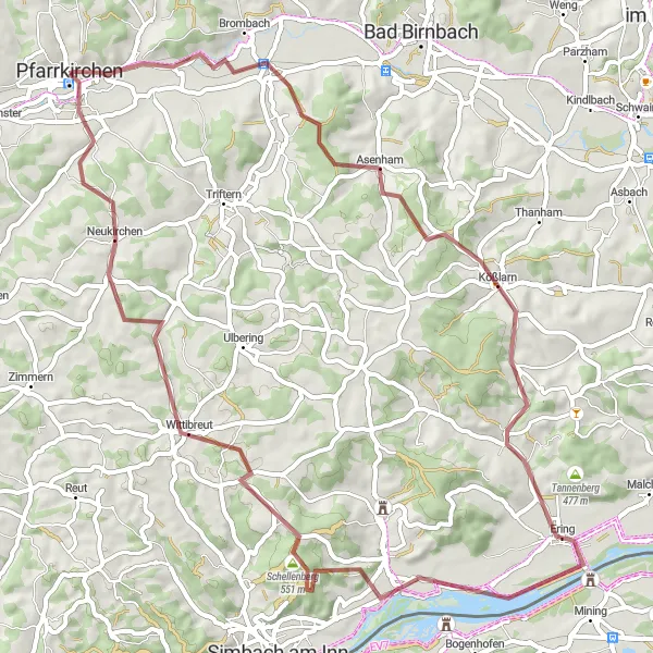 Karten-Miniaturansicht der Radinspiration "Gravel-Tour um Pfarrkirchen" in Niederbayern, Germany. Erstellt vom Tarmacs.app-Routenplaner für Radtouren